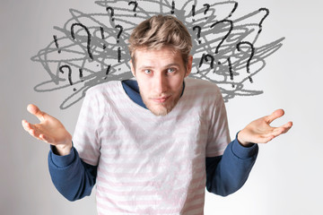 close up disordered man. question marks over the head b
