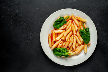 Penne pasta in tomato sauce on concrete background