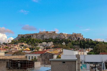 Panorama of the Acropolis of Athens from a rooftop near Monastiraki Place, Athens, Greece