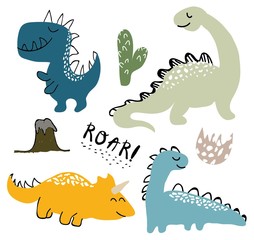 childish dinosaur vector set for fashion clothes, fabric, t shirts. hand drawn vector with lettering © neapol