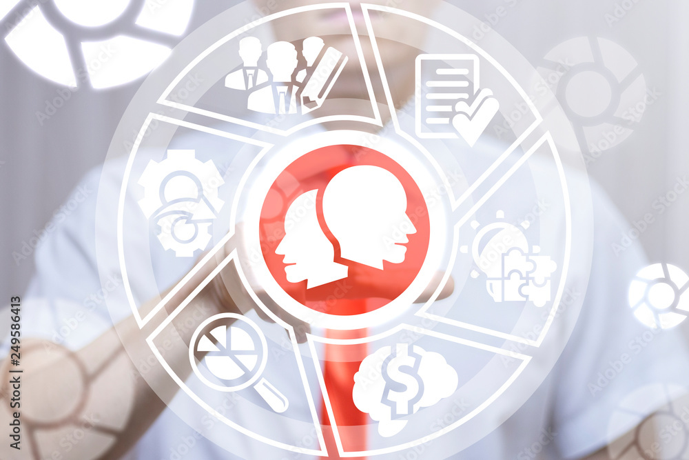 Poster man working on a virtual screen of the future and touching the icon: two heads. head overlapping. cr