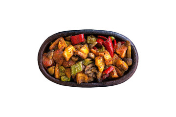 Stew or steam food with vegetables on white background from top view. 