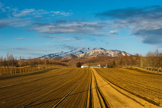 Hokkaido, Little farm before a snow capped mountain near Shiretoko National Park
