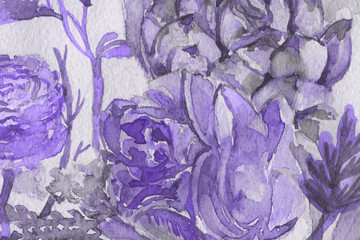 Violet and purple watercolor texture with abstract washes and brush strokes on the white paper background.