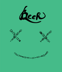 Set of beer objects. Hand drawn illustration. Set of craft beer bottles in ink hand drawn style.