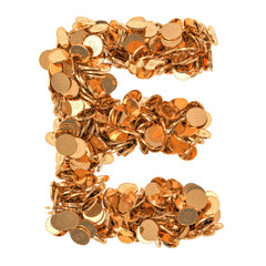 Alphabet letter E, from golden dollar coins. 3D rendering