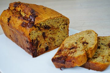 A homemade vegan chocolate banana bread with walnuts