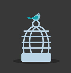 Cartoon picture with home pets, domestic animals, bird, birdie, mockingbird on birdcage. Vector illustration. 