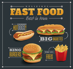 fast food items-hamburger, fries, hotdog, baguette