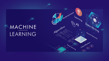 Machine learning, Ai, Data mining, algorithm, algorithm, neural network, deep learning and autonomous. isometric vector concept.