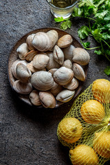 Ingredients for preparation spaghetti with clams - raw fresh clams, spaghetti coriander, white wine lemon