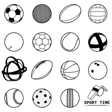 Illustration of contour balls icon of different sports and whistle SPORT TIME
