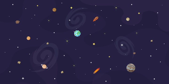 Vector illustration of space, universe. Cute cartoon planets, asteroids, comet, rockets. Kids illustration.