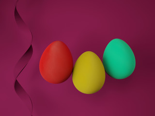 Colorful easter eggs on red background. 3D Illustration