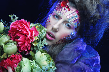  young woman with creative make up holding flowers