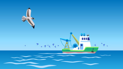 Trawler ship in heart of open sea. Gulls follow the boat in fishing, work of sailors in ocean
