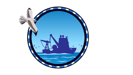 Icon wich silhouette of work ship in the open spaces of ocean, gulls follow the trawler in sea waves