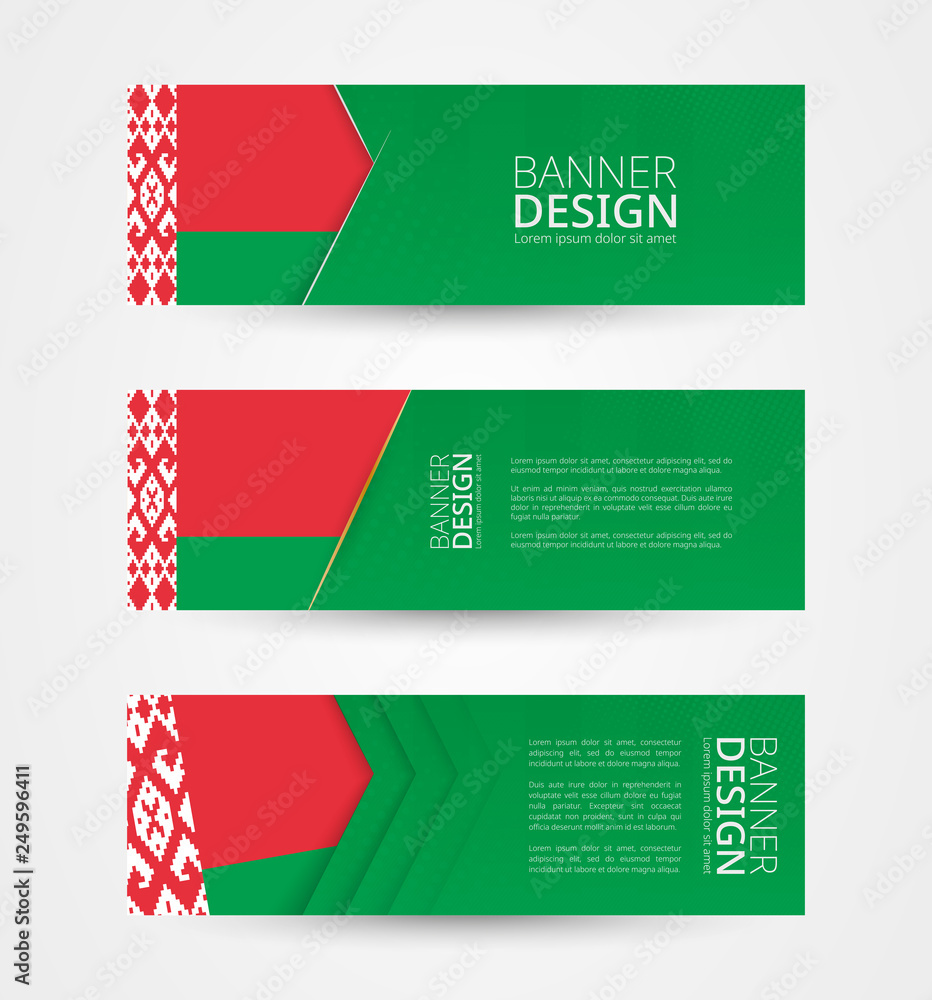 Poster set of three horizontal banners with flag of belarus. web banner design template in color of belarus