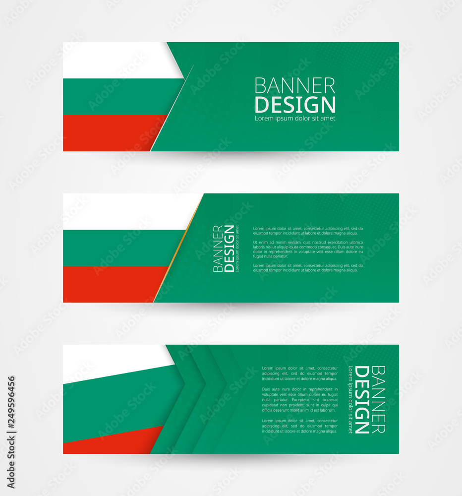 Poster set of three horizontal banners with flag of bulgaria. web banner design template in color of bulgar