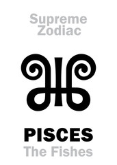 Astrology Alphabet: PISCES (The Fish / The Fishes), constellation Pisces. Sign of Supreme Zodiac (Internal circle). Hieroglyphic character (persian symbol).