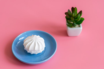 White cake in a blue plate on a pink background
