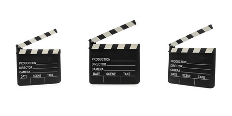 Cinema Clapperboard, three shot in different angles on white Background