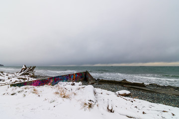 Graffiti Shows Brightly Against Grey & White Tones After Snow Storm, Whidbey Island, WA USA