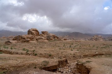 Landscape with bizarre shaped rocks at Little Petra, Jordan