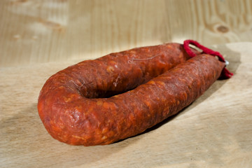 Pork cured smoked picante sausage Chorizo with smoked paprica and pepper cayenne en garlic pouder. Spanish cuisine