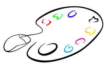 Una tavolozza digitale con i colori RGB e CMYK che viene animata da un mouse stilizzato