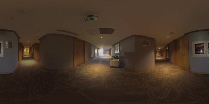 360 VR video. Empty hallways of the hotel. Interior design in brown tones. Fire hose on one of the wall