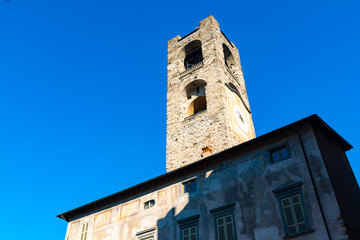 Campanone Civic Tower at main square Piazza Vecchia in Upper Medieval Town in Bergamo
