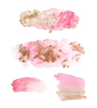 Watercolor hand painted abstract pink and gold stains set on white background