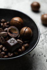 coffee beans, macadamia and chocolate