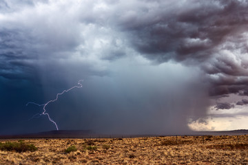 Thunderstorm with lightning strike and heavy rain