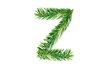 Letter Z, English alphabet, collected from Christmas tree branches, green fir. Isolated on white background. Concept: ABC, design, logo, title, text, word