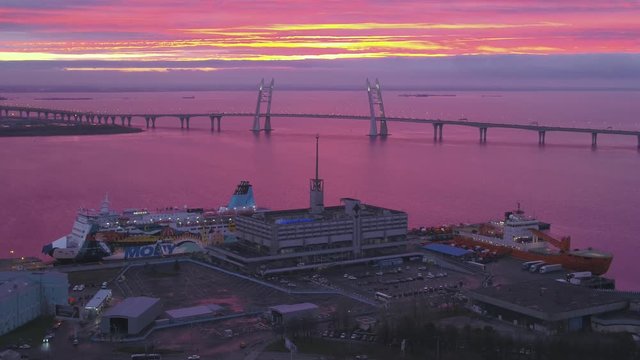 Marine Station and Western High-Speed (Rapid) Diameter (ZSD) in Saint Petersburg, Russia at sunset