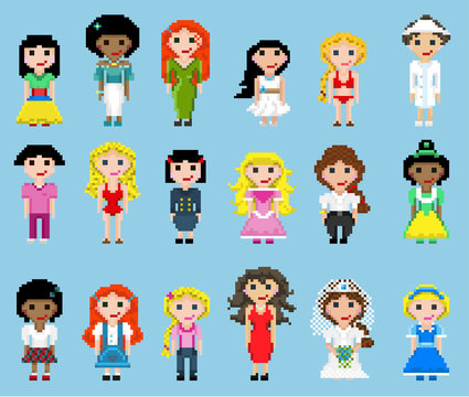 Big set of pixel female characters in different images.