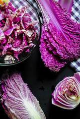 Purple chinese cabbage on the table, cooking.