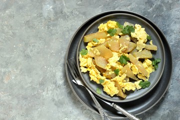 scrambled eggs with chayote. copy space. place for text. top view
