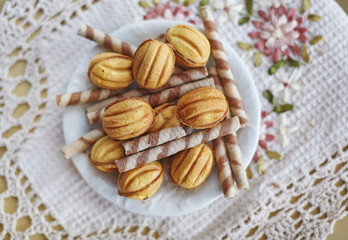 Traditional russian festive cookies in nut shape with caramelized milk inside