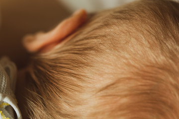 Köpfchen und Ohr eines neugebohrenen Säuglings