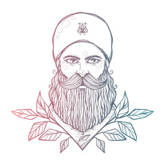 The man with a beard and leaves. Modern character illustration. Nice print or emblem. Contemporary graphic artwork.