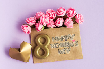 Happy International Women’s Day celebrate on March 8, congratulatory CARD envelope with roses and number 8