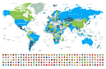 Fototapeta premium Mapa świata i flagi - granice, kraje i miasta - ilustracja