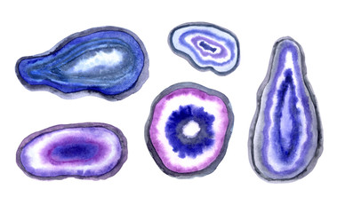 Set of slices of stones and minerals in blue and purple colors, watercolor painting on a white background, isolated with clipping path.