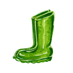 Green garden rubber boots, hand drawn watercolor illustration isolated on white