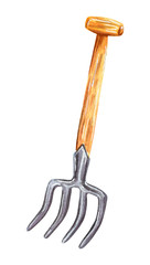 Gardening pitchfork, hand drawn watercolor illustration isolated on white