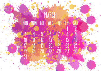 March year 2019 paint monthly calendar