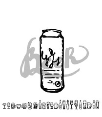 Set of beer objects. Hand drawn vector illustration. Vector set of craft beer bottles in ink hand drawn style.